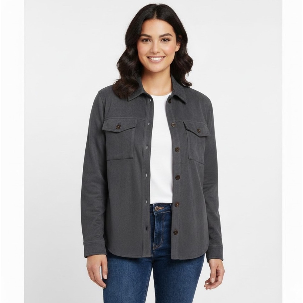 Suzanne Grae Charcoal Faux Suede Collared Button Down Shirt Jacket Womens Size M